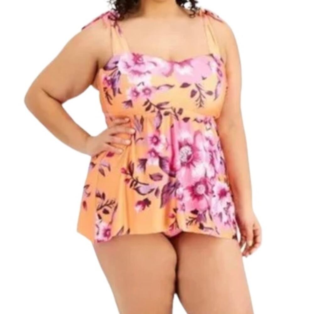 Becca Womens In Full Bloom Printed Tankini Swim Top Orange Multi Size 0X (14/16)